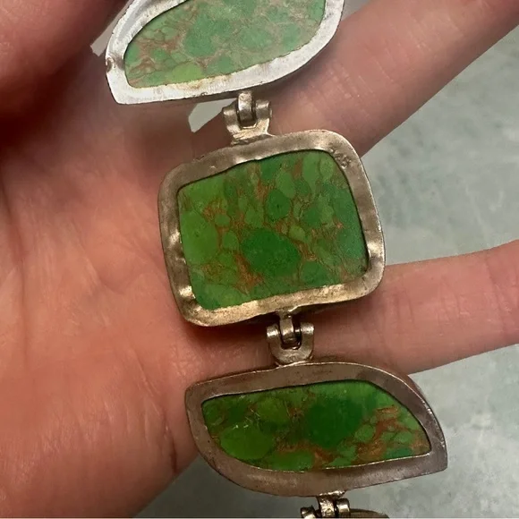 Green Turquoise Stone chunky bracelet with .925 silver hardware